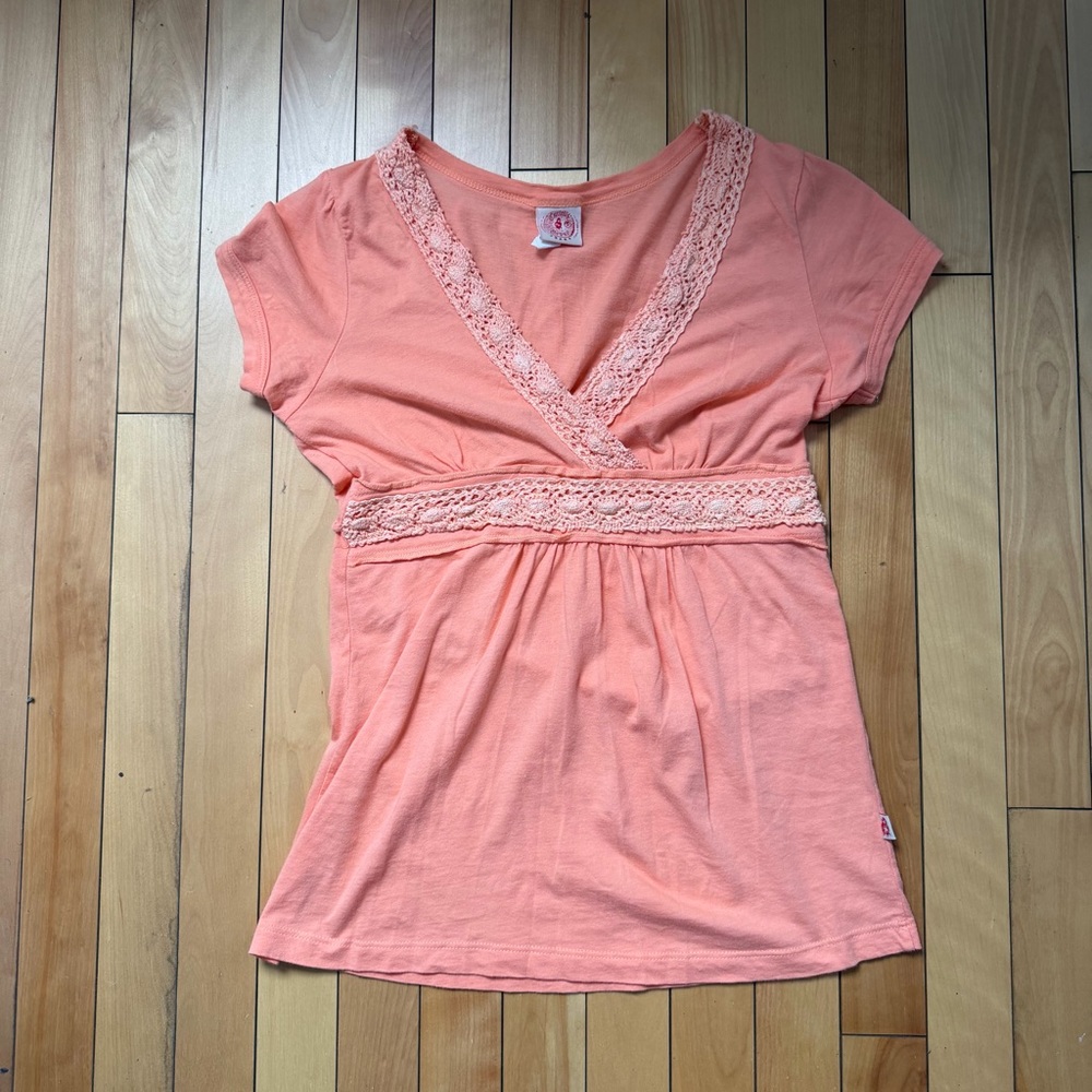 [SOLD] vintage y2k babydoll top coral orange pink short sleeve 100% cotton